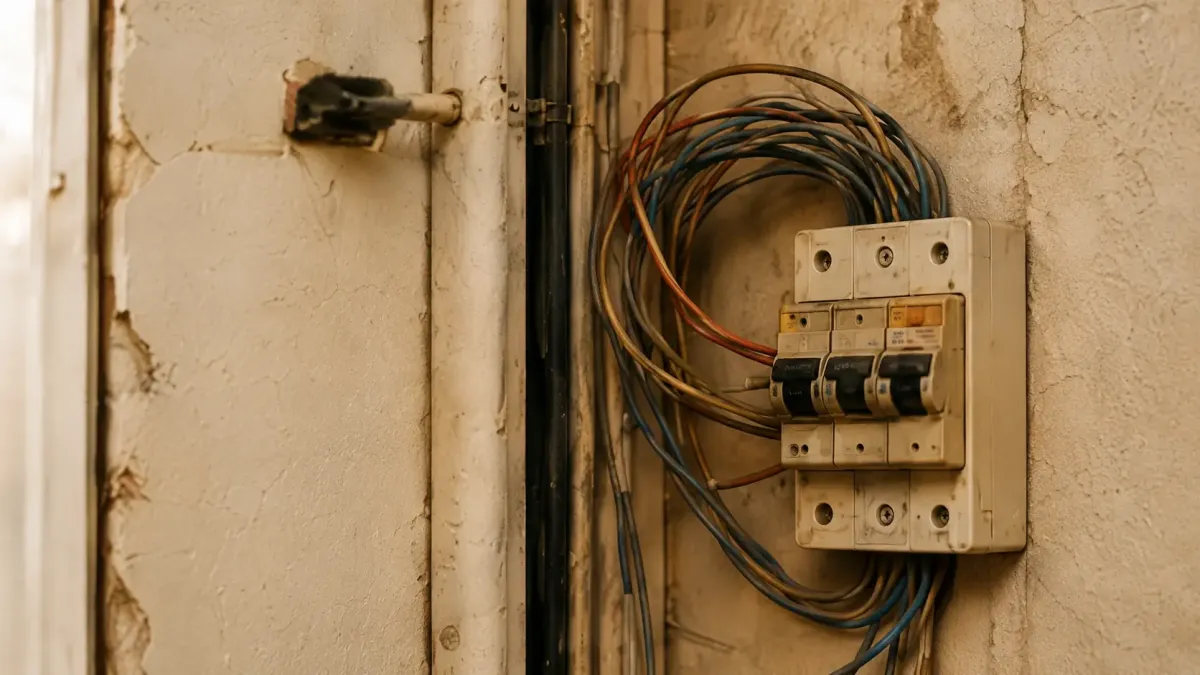 Ancien tableau électrique avec câblage visible dans un logement ancien