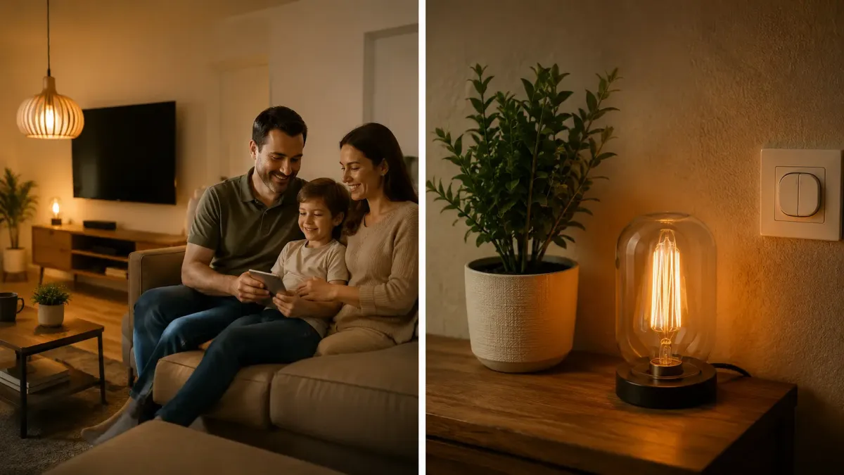 Famille dans un salon confortable après sécurisation de l’installation électrique
