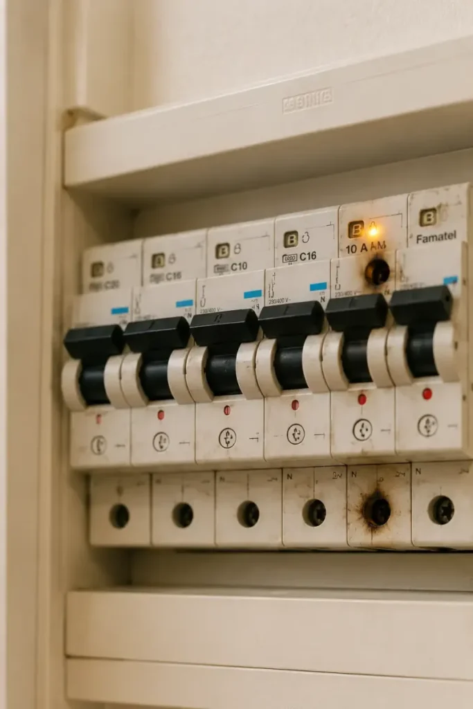 Tableau électrique avec disjoncteurs pouvant révéler des anomalies électriques
