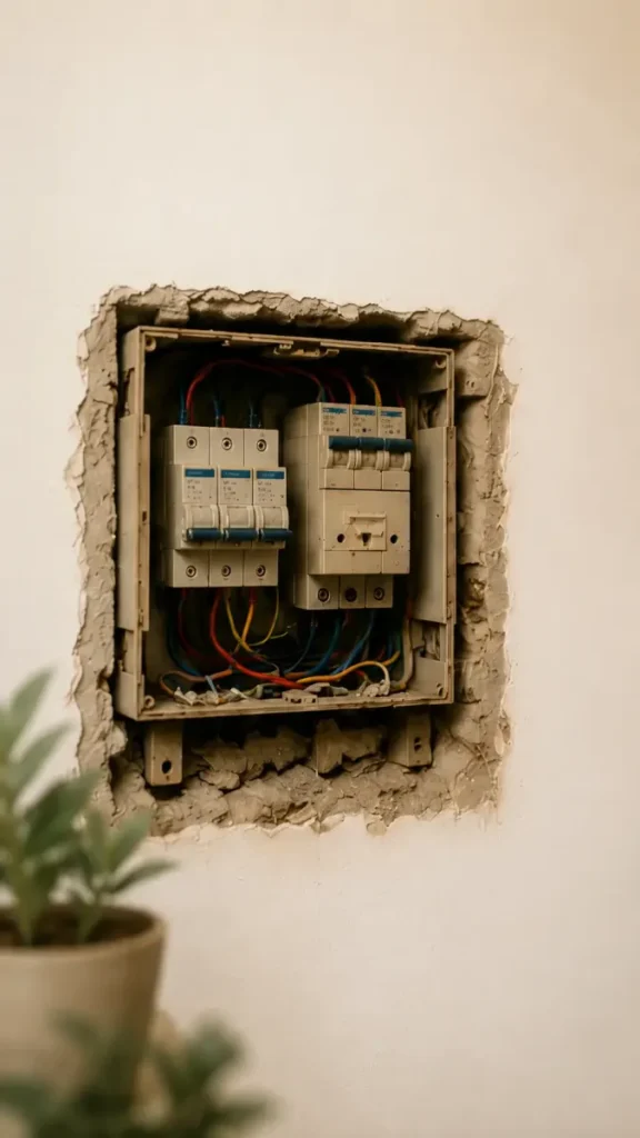 Ancienne installation électrique avec câblage vieillissant dans un logement