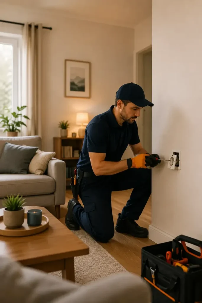 Électricien intervenant discrètement sur une prise électrique dans un salon chaleureux sans perturber le quotidien du logement.