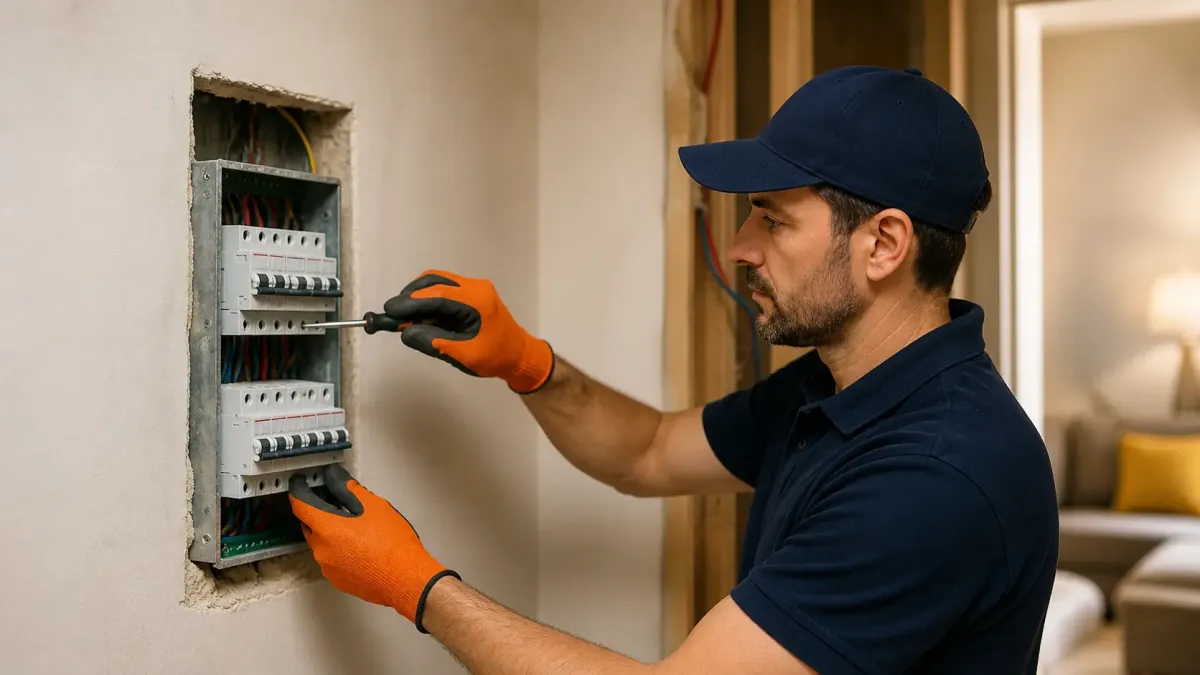 Électricien réalisant une mise aux normes électrique dans une maison