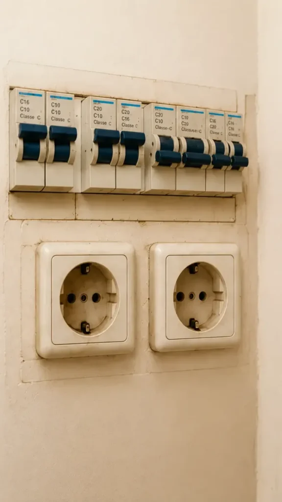 Anciennes prises électriques et tableau de protection vieillissant
