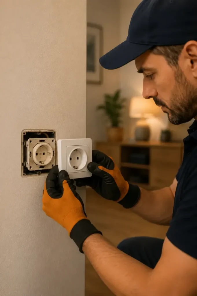 Électricien remplaçant une ancienne prise électrique murale par une prise neuve dans un intérieur résidentiel moderne.