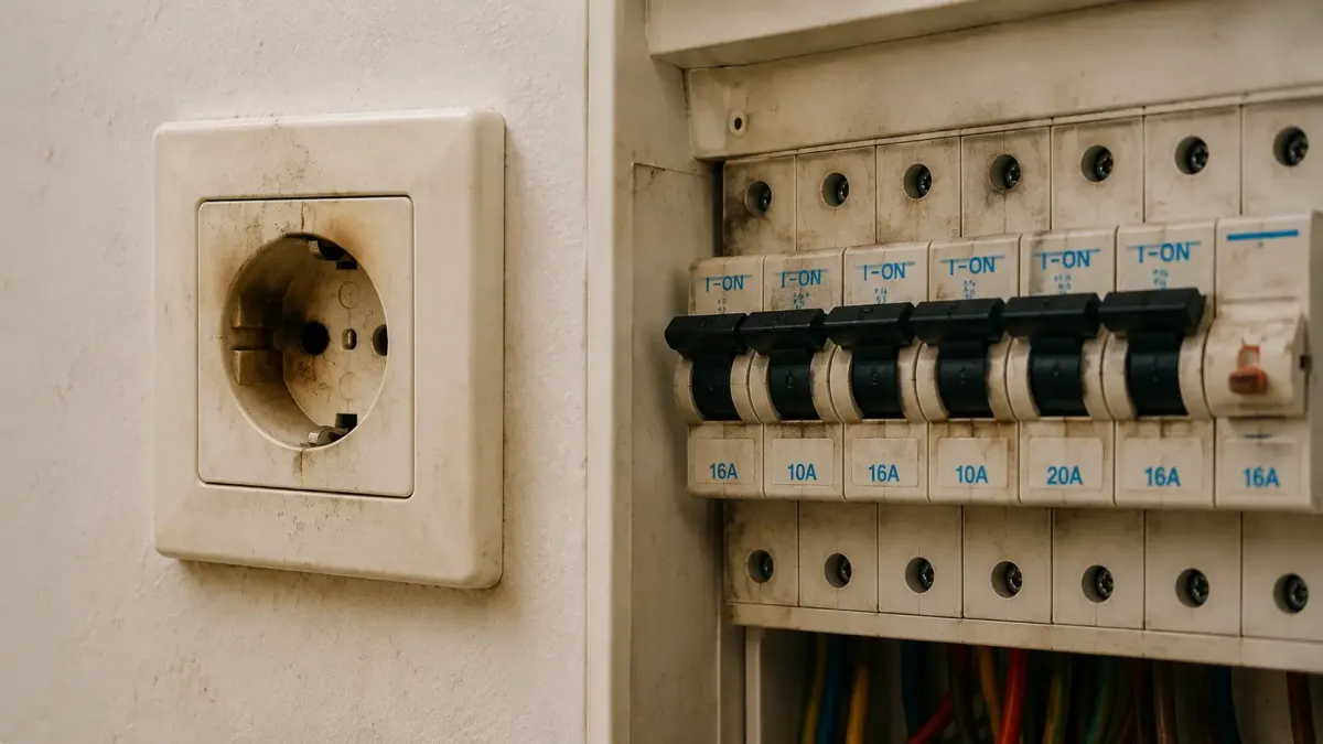Prise électrique ancienne et tableau électrique pouvant indiquer une installation vétuste