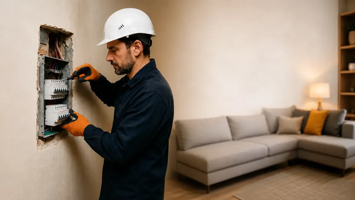 Électricien EMS vérifiant un tableau électrique dans une maison à Marseille