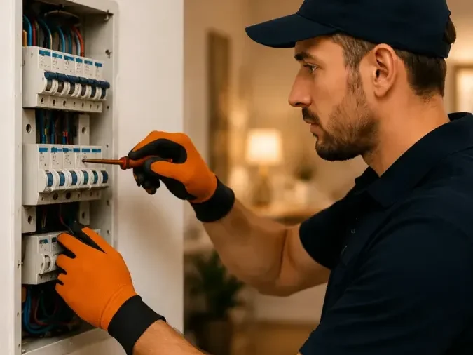 Électricien contrôlant un tableau électrique dans un appartement