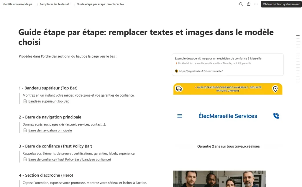 Capture d’écran du guide en ligne PagesLocales expliquant comment remplacer les textes et images dans le modèle de page vitrine