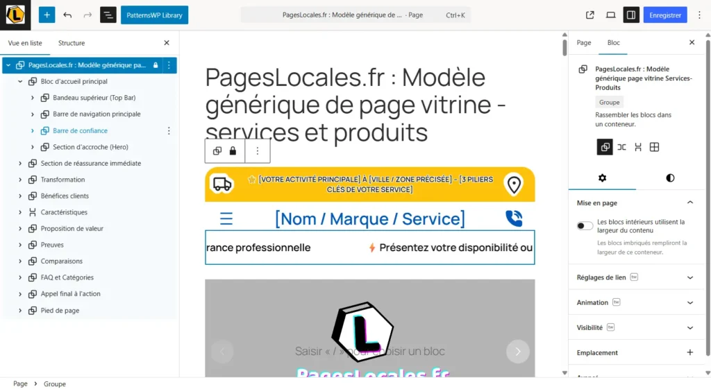 Capture d’écran de l’éditeur WordPress Gutenberg affichant la structure complète du modèle de page vitrine PagesLocales après importation
