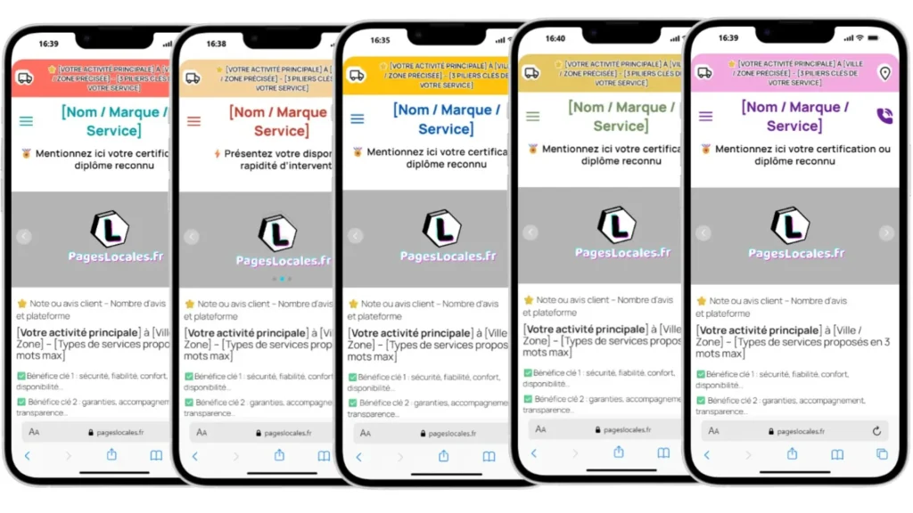 Aperçu du modèle de page vitrine PagesLocales affiché en plusieurs couleurs pour différentes thématiques