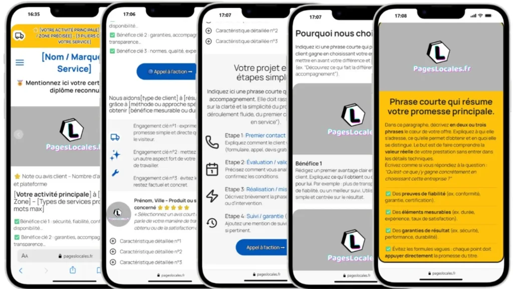 Aperçu sur smartphone du modèle universel de page vitrine PagesLocales affichant les sections principales du haut de page