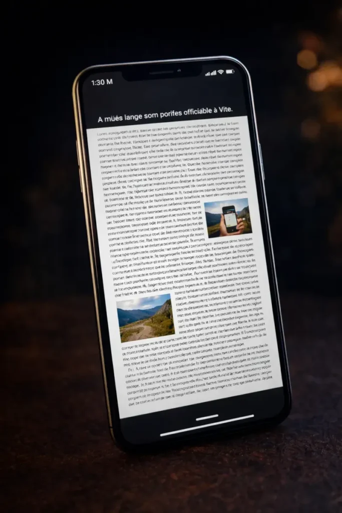 Visualisation d’un article long et dense affiché sur smartphone avec texte petit et images intégrées