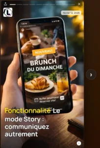 Smartphone affichant une Story promotionnelle « Brunch du dimanche » illustrant la fonctionnalité Mode Story de PagesLocales