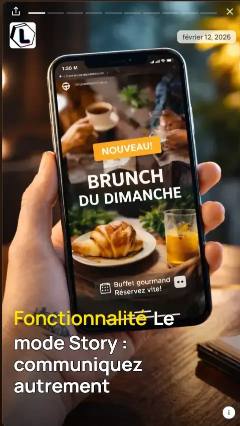 Smartphone affichant une Story promotionnelle « Brunch du dimanche » illustrant la fonctionnalité Mode Story de Pages Locales . fr