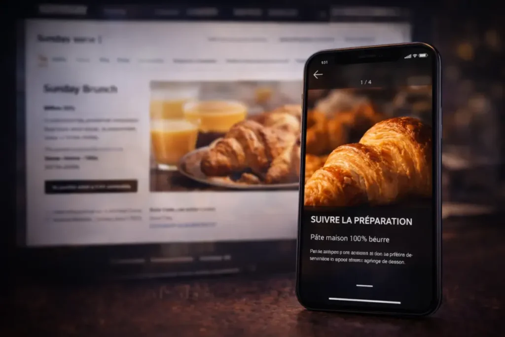 Smartphone affichant une Story en premier plan avec une page vitrine floutée en arrière-plan