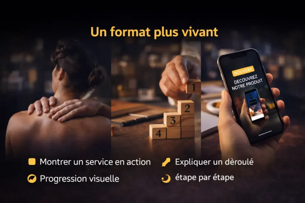 Illustration montrant un service en action et une progression étape par étape pour représenter un format Story dynamique