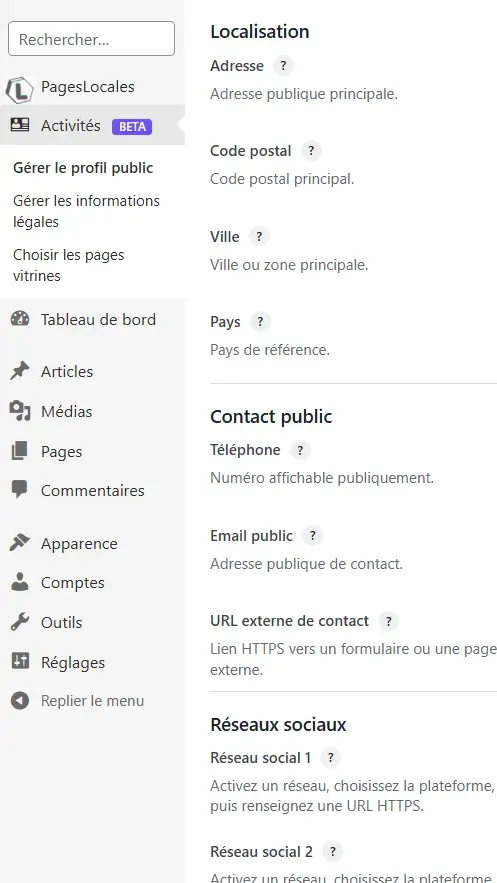 Interface du module Activités de PagesLocales permettant de définir le profil public d’une activité : localisation, contact, réseaux sociaux et informations de base utilisées pour générer automatiquement les pages du site.